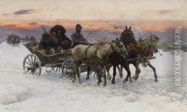 Evening Carriage Ride In The Snow Oil Painting - Alfred Wierusz-Kowalski