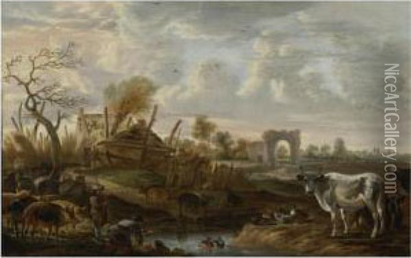 Lanscape With Farmhands And Livestock At A Stream, Farm Buildings Beyond Oil Painting - Cornelis Saftleven