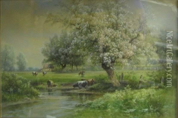 Cows Grazing By A Stream Oil Painting - Carl Weber