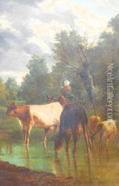 Woman & Child Riding A Donkey Past A Woodland Stream With Cattle Oil Painting - Constant Troyon