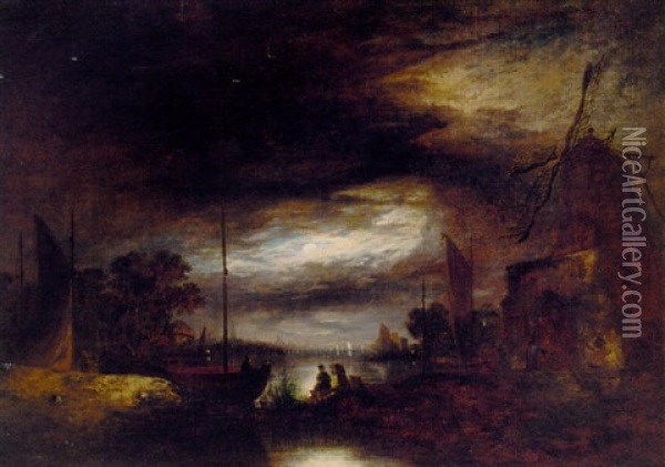 The Broads By Moonlight, St. Benet's Abbey And Norwich Beyond Oil Painting - John Berney Crome