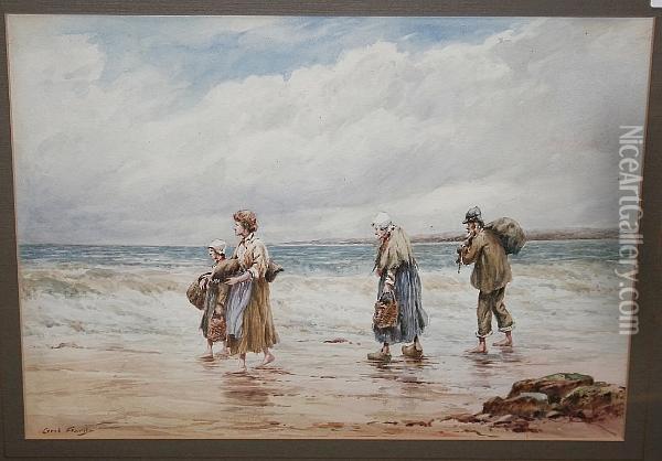 Fisherfolk On The Shore, Normandy Oil Painting - Cyril Hardy