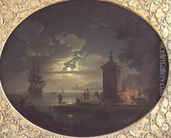 Night A Moonlit coastal landscape with Fisherfolk by a fire on a Quay, a Man of War beyond Oil Painting - Claude-joseph Vernet