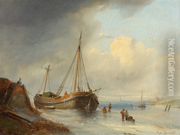 Maritime Winterlandschaft Oil Painting - Egidius Linnig