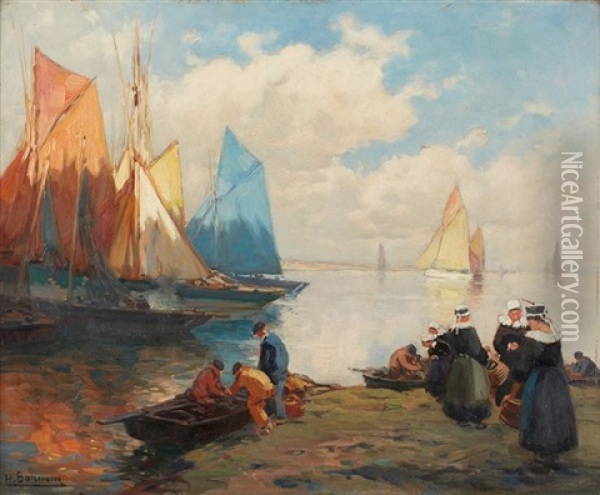 Le Retour Des Pecheurs En Bretagne Oil Painting - Henri Alphonse Barnoin