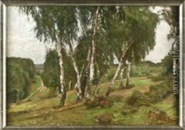Birkengruppe In Landschaft Oil Painting - Oskar Frenzel