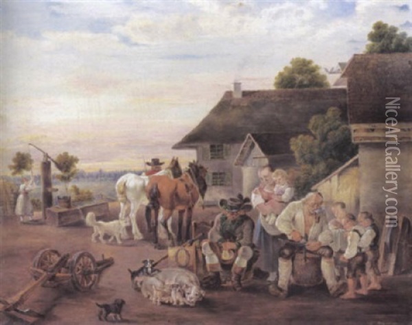 Der Abend Auf Dem Bauernhof Oil Painting - Johann Baptist Pflug