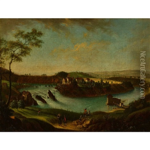 Der Rheinfall Mit Schloss Laufen, Schlosschen Worth Und Muhle Oil Painting - Christian Georg Schuetz the Elder