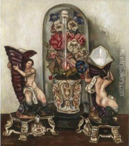 Bodegon (still Life Of Flowers In A Glass Dome And Ornaments) Oil Painting - Jose Gutierrez Solana