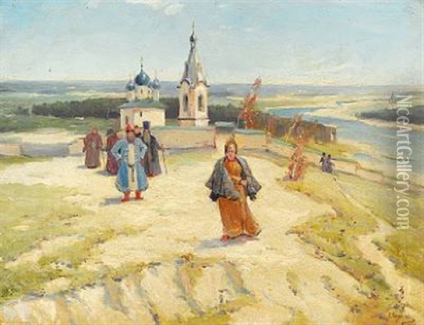 Russian Landscape With A Woman And Several Men Outside A Monastery Oil Painting - Konstantin Aleksandrovitch Veschilov