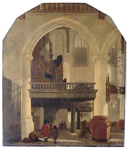 The west end of the Oude Kerk, Delft, from the southern aisle to the north, with the organ loft Oil Painting - Gerrit Houckgeest