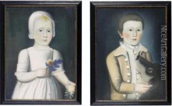 A Pair Of Portraits Of A Sister And Brother: Young Girl In Lace Cap With Rose, And Boy With A Large Brown And Gray Dog Oil Painting - Sarah Perkins, The Beardsley Limner