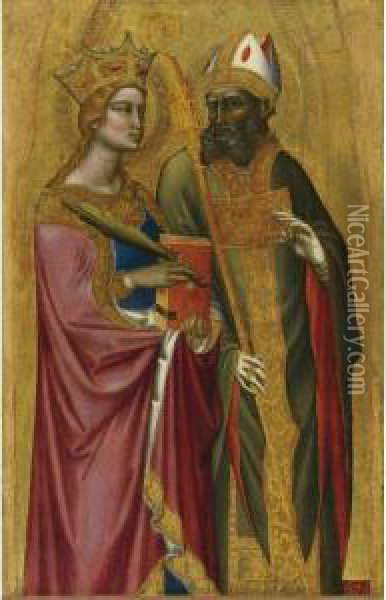 Saint Catherine And A Bishop Saint, Possibly Saint Regulus Oil Painting - Angelo Puccinelli