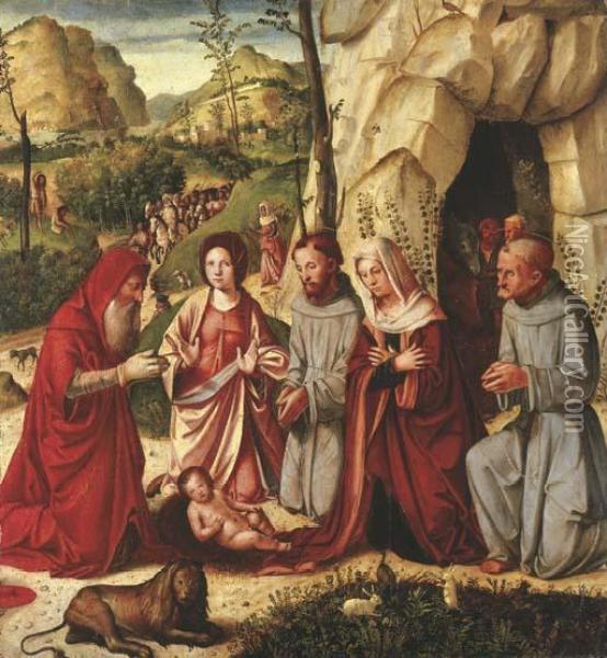 The Adoration Of The Child With Saints Francis Of Assisi, Jerome, Catherine Of Alexandria And Bernardino Of Siena, The Shepherds And Journey Of The Magi Beyond Oil Painting - Altobello Meloni