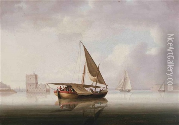 A Cutter Yacht, Xebec And Other Mediterranean Craft In The Tagus, Before The Belem Tower, Lisbon Oil Painting - Thomas Buttersworth
