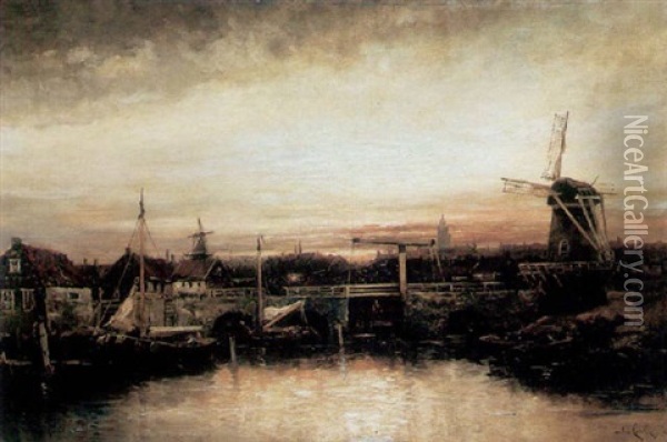 A Dutch Harbor At Dusk Oil Painting - Hermanus Koekkoek the Younger