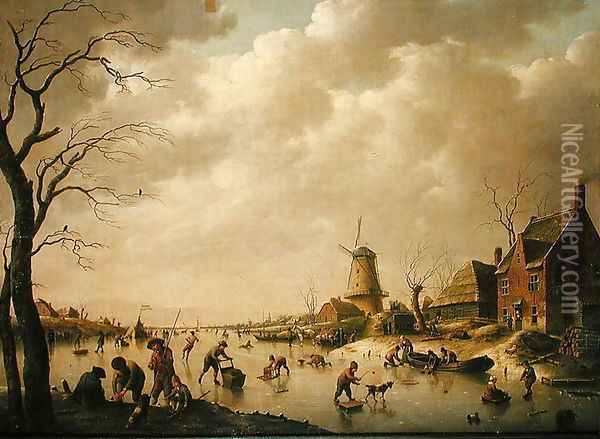 Skaters on a Frozen Canal, 1779 Oil Painting - Hendrik Willem Schweickardt