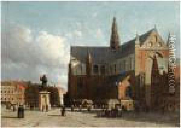 A View Of The Grote Markt With The Sint Bavo Cathedral, Haarlem Oil Painting - Jan Weissenbruch