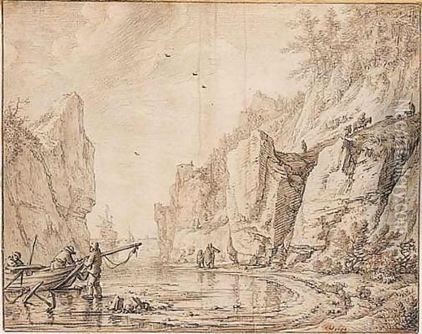 Unloading Boats In A Rocky Bay Oil Painting - Herman Saftleven