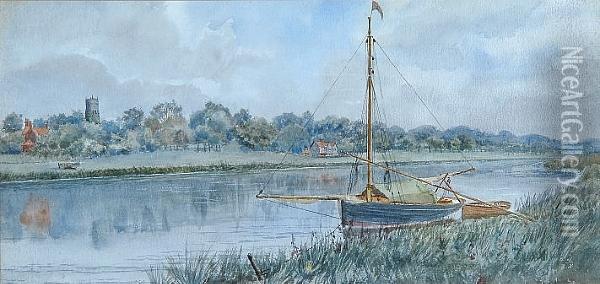 Boats On A Broadland River Oil Painting - Stephen John Batchelder