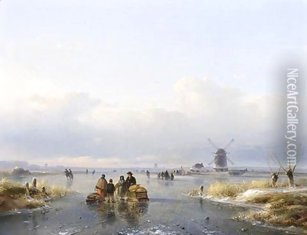 Figures On A Frozen Waterway, A A'Koek En Zopie A' In The Distance Oil Painting - Lodewijk Johannes Kleijn