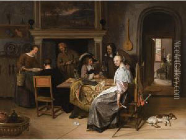 An Elegant Company In An Interior With Figures Playing Cards At A Table Oil Painting - Jan Steen