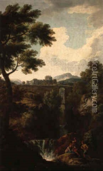 Shepherds By A Torrent With Mansion On Hilltop And Bridge Beyond Oil Painting - Jan Frans van Bloemen