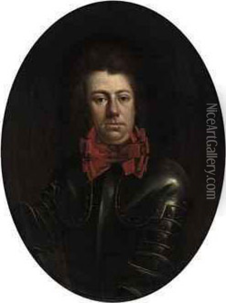 Portrait Of A Gentleman, Half-length, In Armour And Red Scarf Oil Painting - Alexis Simon Belle