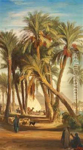 Folkeliv Ved Nilens Bred, I Baggrunden Pyramider Oil Painting - August Loeffler