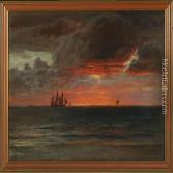 Seascape With Sailingships In The Sunset Oil Painting - Vilhelm Karl Ferd. Arnesen