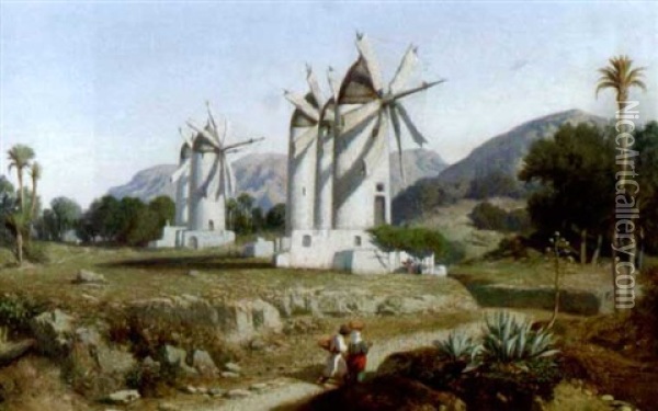 Sudlandische Landschaft Mit Windmuhlen Oil Painting - Adolphe-Paul-Emile Balfourier