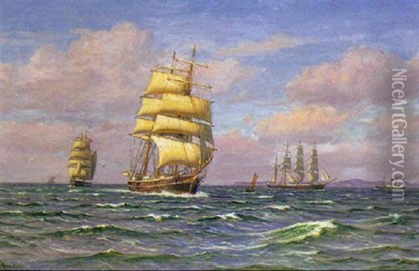 Marine Med Sejlskibe I Sundet Oil Painting - Vilhelm Karl Ferdinand Arnesen