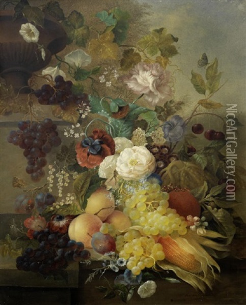 A Terracotta Urn With Grapes, Peaches, Plums And Other Fruit On A Stone Ledge With Roses, Forget-me-nots, Poppies And Other Flowers Oil Painting - Jan Van Der Waarden