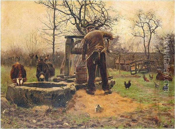 Livestock Around The Well Oil Painting - Adolphe Binet