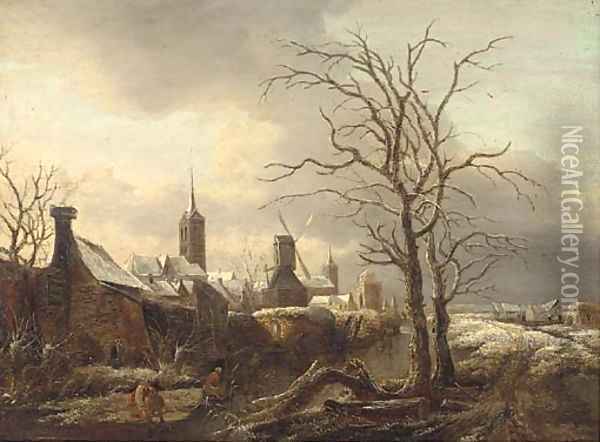 A winter landscape with peasants skating Oil Painting - Salomon Rombouts