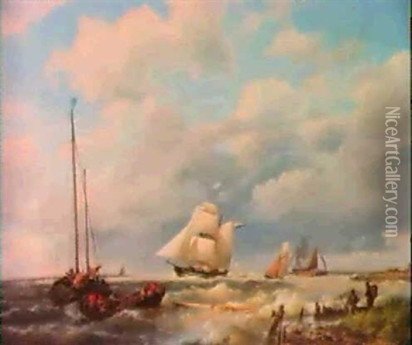 Sailing Vessels And Men In A Rowing Boat Off The Coast Oil Painting - Hermanus Koekkoek the Elder