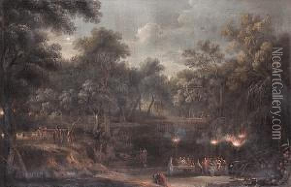 A Nocturnal Arcadian Landscape With Figures Feasting By Torchlight Oil Painting - Vincenzo Martinelli