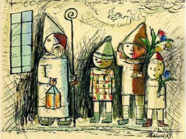 Saint Nicolas Et Trois Enfants Oil Painting - Tadeusz Makowski