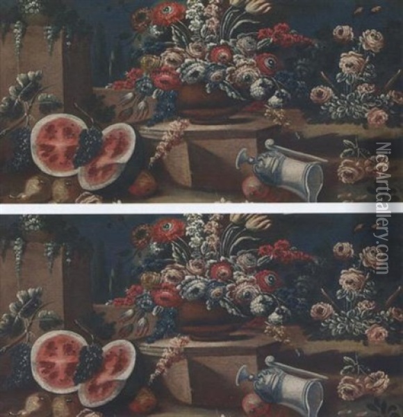 Natura Morta Di Fiori, Frutta E Vasellame Oil Painting - Giuseppe Lavagna