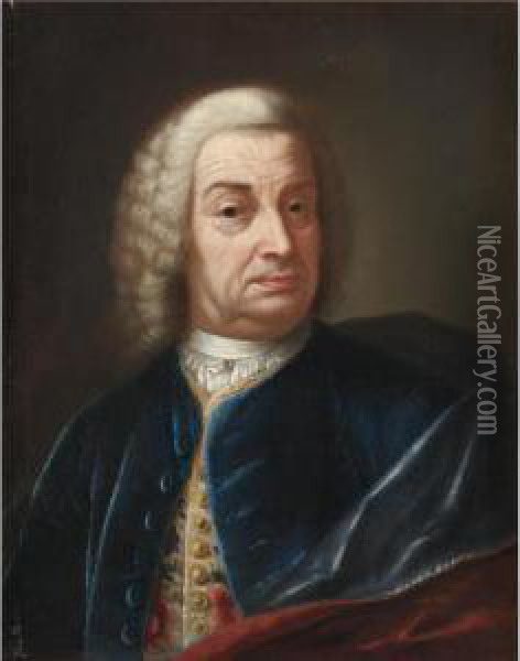 Portrait Of A Gentleman, Half Length, Wearing A Wig And A Blue Velvet Cape Oil Painting - Bartolomeo Nazari