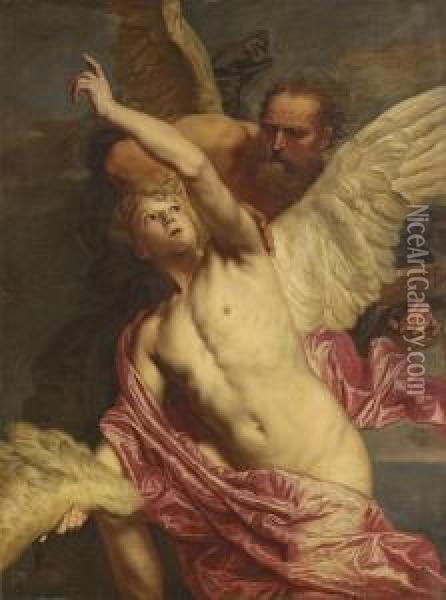 Daedalus Fixing Wings Onto The Shoulders Of Icarus Oil Painting - Pieter Thijs