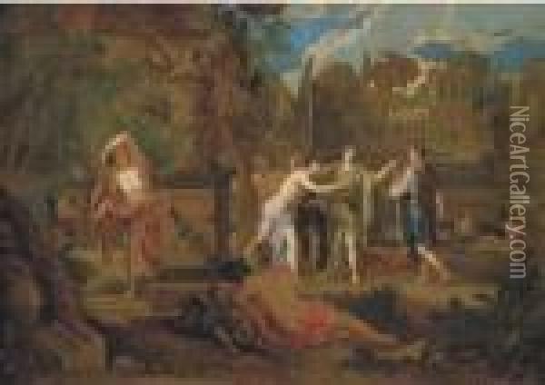 Figures Bathing In A Classical Landscape Oil Painting - Nicolas Poussin