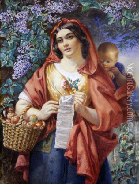 Woman With A Basket Of Fruit And Child. Oil Painting - Charles Cousen