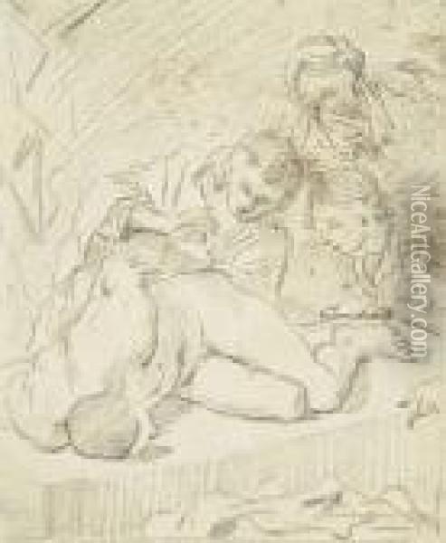 Three Figures Looking Over A Reclining Figure Oil Painting - Luca Giordano
