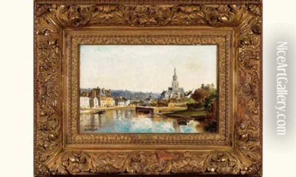 Le Fleuve Laita Et L'eglise Sainte-croix A Quimperle Oil Painting - Jules Achille Noel
