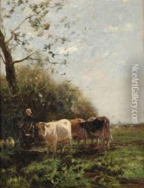 A Farmer's Wife With Grazing Cows Oil Painting - Willem Maris