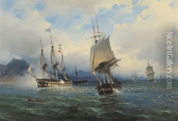 Warships And Other Shipping Off A Coastline Oil Painting - Tommaso de Simone