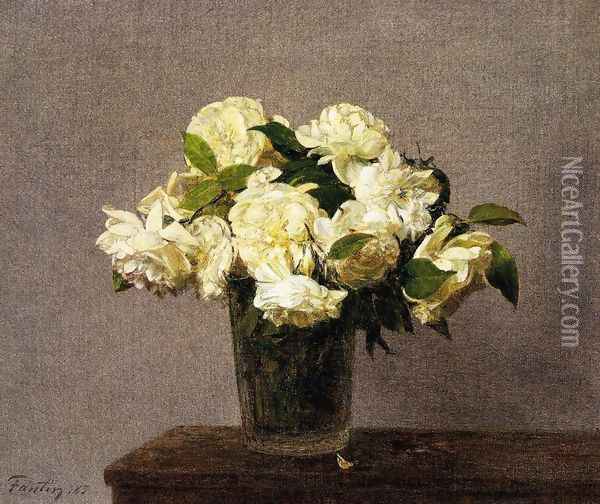 White Roses in a Vase Oil Painting - Ignace Henri Jean Fantin-Latour