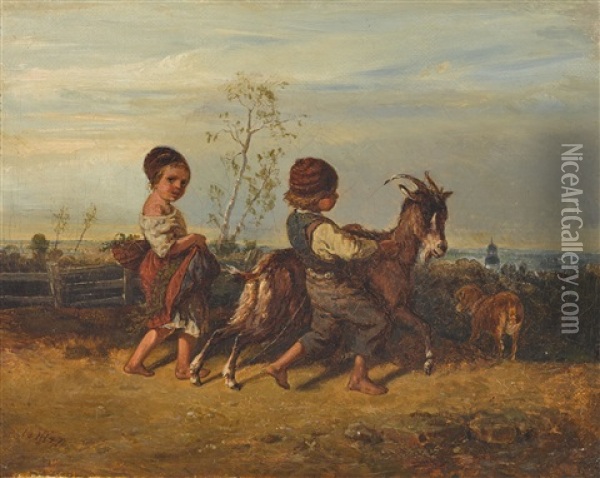 Zwei Kleine Kinder Mit Ziegenbock Oil Painting - Theodor (Fried. Wilhelm Heinrich Th.) Hosemann