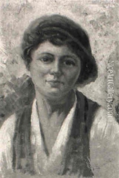 Portrat Einer Frau Mit Gruner Weste Und Braunem Schlapphut Oil Painting - Gaetano Esposito
